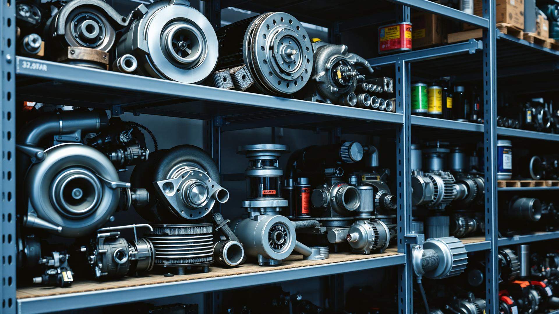 Heavy truck spare parts organized on warehouse shelving